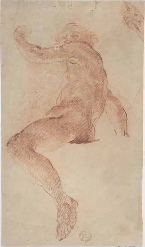 Seated Nude Male in Profile View Facing Left with Arm Raised; Fragment of Study of Right Hand Wall Art by Anonymous, Italian, Bolognese, 17th century - High-Resolution Digital Print