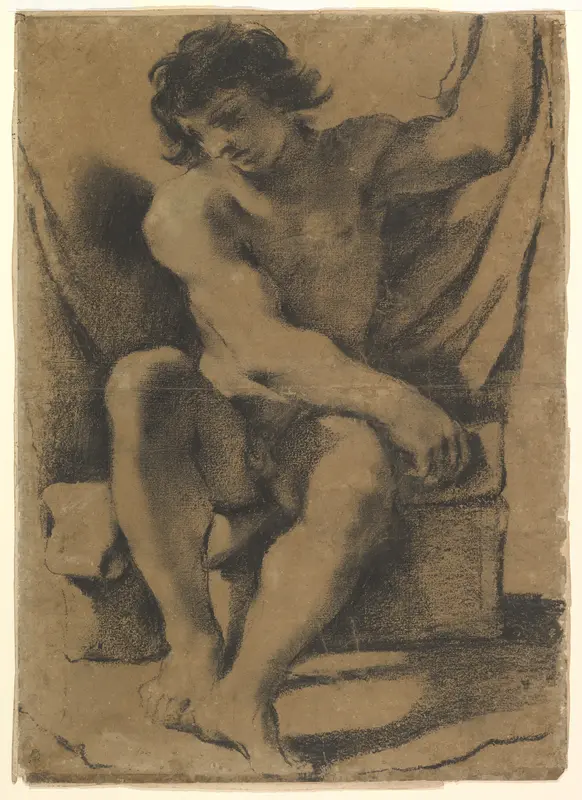 Seated Nude Young Man in Nearly Frontal View Wall Art by Guercino (Giovanni Francesco Barbieri) - High-Resolution Digital Print