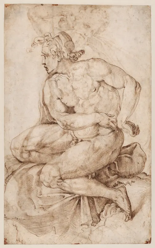 Seated Nude Youth, facing left (recto); Bearded Nude Male Figure in a Half-Kneeling Pose, Holding Drapery Behind his Back (verso) Wall Art by Francesco Salviati (Francesco de' Rossi) - High-Resolution Digital Print