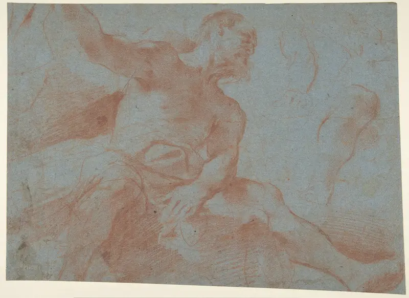 Seated Old Man with Right Arm Upraised (Tithonus) (recto); Seated Nude Youth (figure of Day) (verso) Wall Art by Guercino (Giovanni Francesco Barbieri) - High-Resolution Digital Print