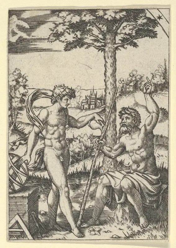 Seated old shepherd gesturing towards the sky and speaking to nude male surrounded by tools of measurement Wall Art by Anonymous - High-Resolution Digital Print