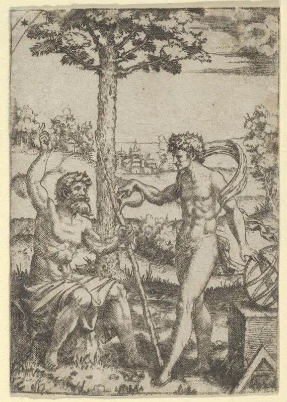 Seated old shepherd gesturing towards the sky and speaking to nude male surrounded by tools of measurement