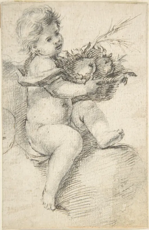 Seated Putto Holding a Basket of Fruit Wall Art by Anonymous, Spanish, School of Seville, 17th century - High-Resolution Digital Print