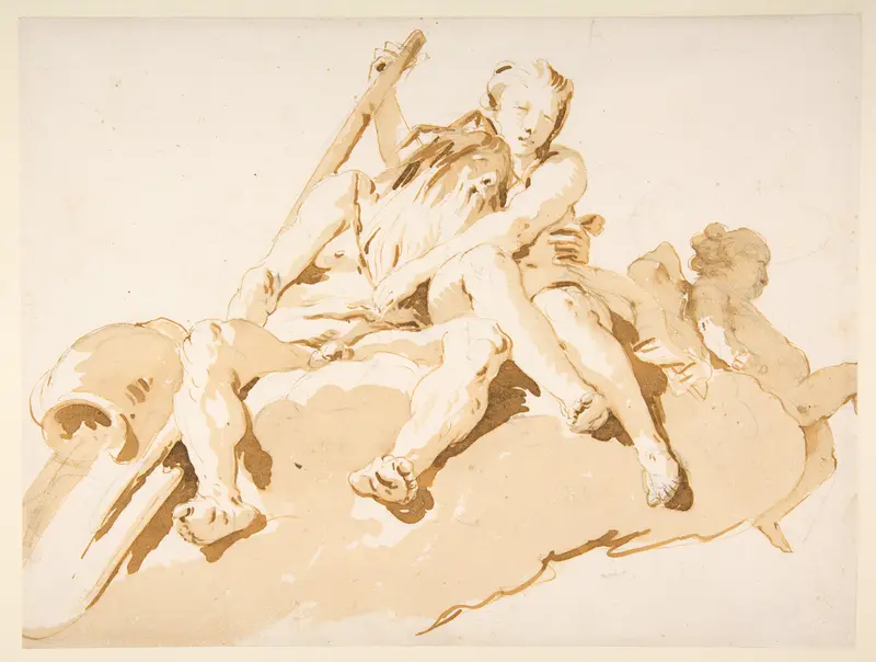 Seated River God, Nymph with an Oar, and Putto Wall Art by Giovanni Battista Tiepolo - High-Resolution Digital Print