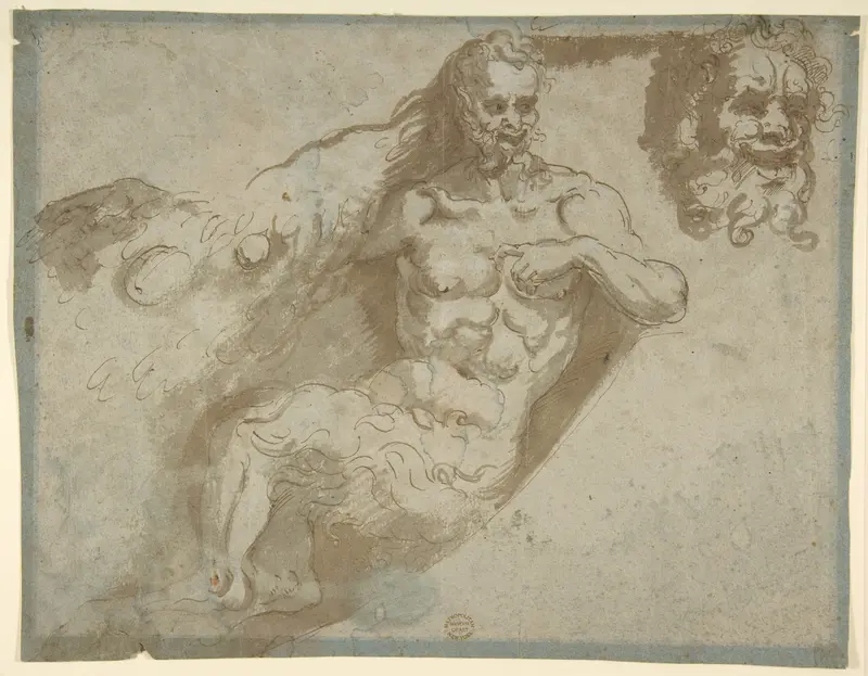Seated satyr, with enlarged head of same (recto); Head of a woman (verso) Wall Art by Pellegrino Tibaldi - High-Resolution Digital Print
