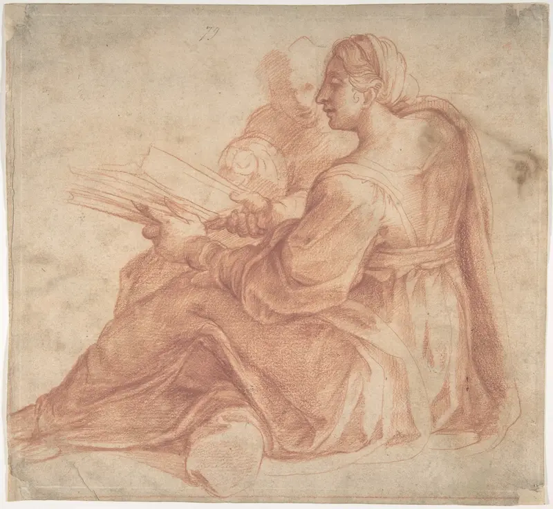 Seated Sibyl and Attendant Genius (recto); Study of the Head of a Horse in Profile (verso) Wall Art by Pirro Ligorio - High-Resolution Digital Print