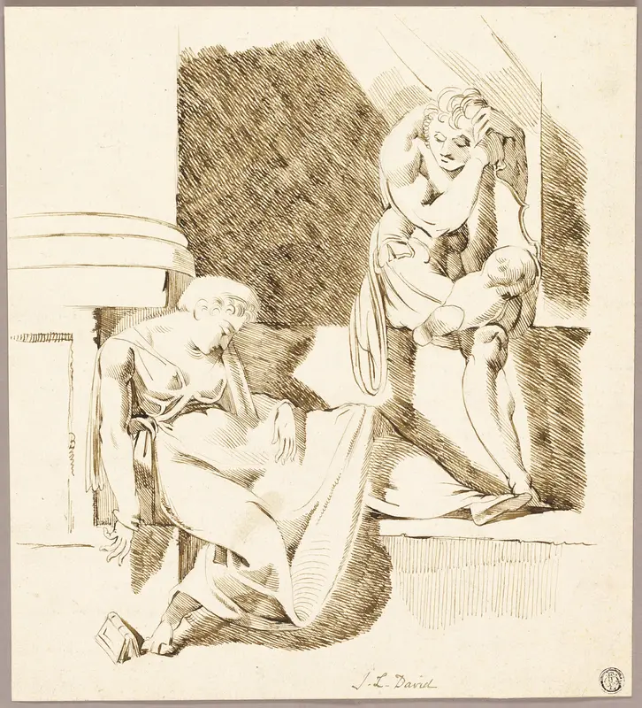Seated Troubadour Looking at Woman Asleep on Ledge Wall Art by Henry Fuseli - High-Resolution Digital Print