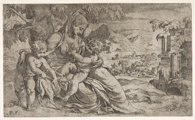 Seated Virgin and Child with Saint John the Baptist and a lamb on a hillside Wall Art by Orazio Farinati - High-Resolution Digital Print