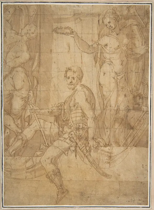Seated Warrior Between Two Figures Wall Art by Giambattista Zelotti - High-Resolution Digital Print