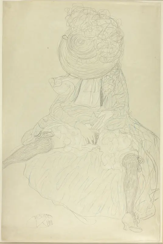 Seated Woman from the Front with Hat, Face Hooded Wall Art by Gustav Klimt - High-Resolution Digital Print