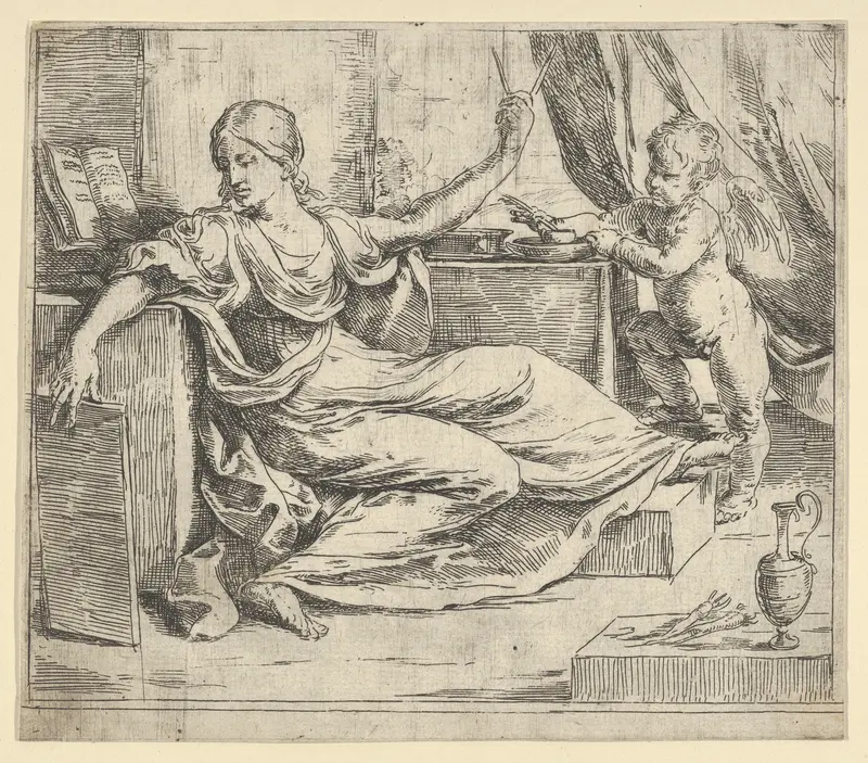 Seated woman holding a tablet and compass (allegory of learning), a winged putto at right Wall Art by Guido Reni - High-Resolution Digital Print