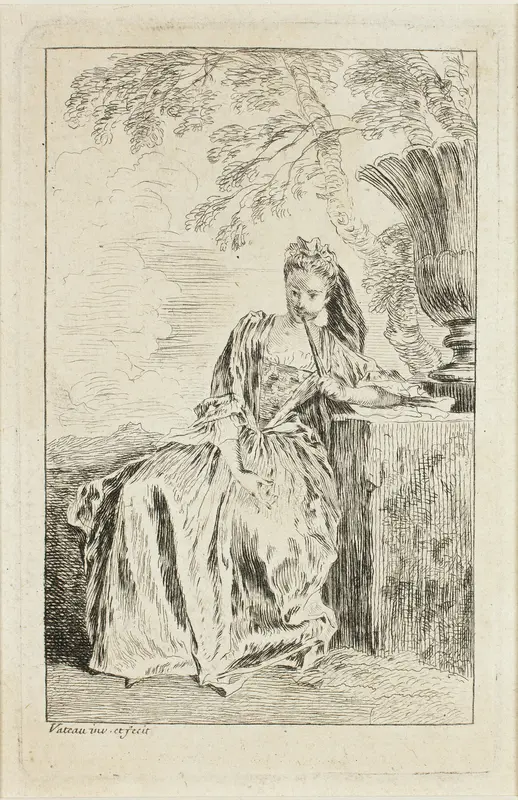 Seated Woman Leaning against a Plinth, from Figures de modes Wall Art by Jean Antoine Watteau - High-Resolution Digital Print