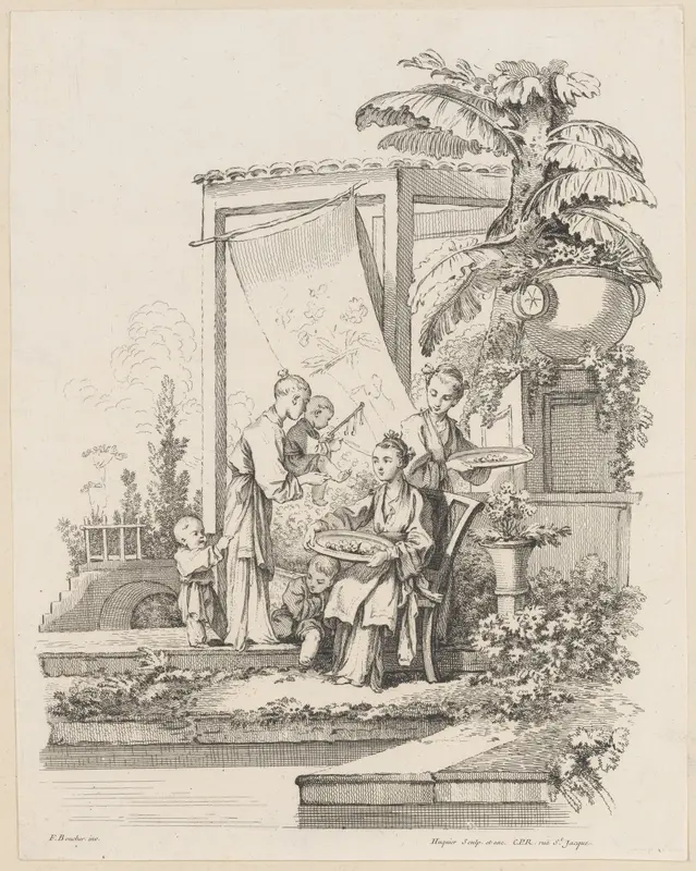 Seated Woman with Children and Servants Wall Art by Gabriel Huquier - High-Resolution Digital Print