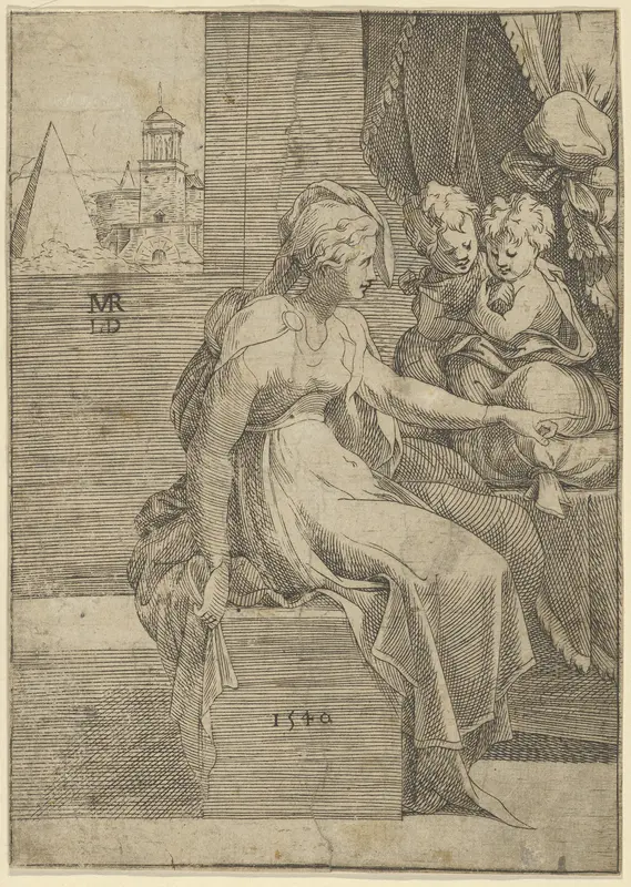 Seated woman with two children (Virgin with Christ and St John the Baptist?) Wall Art by Léon Davent - High-Resolution Digital Print