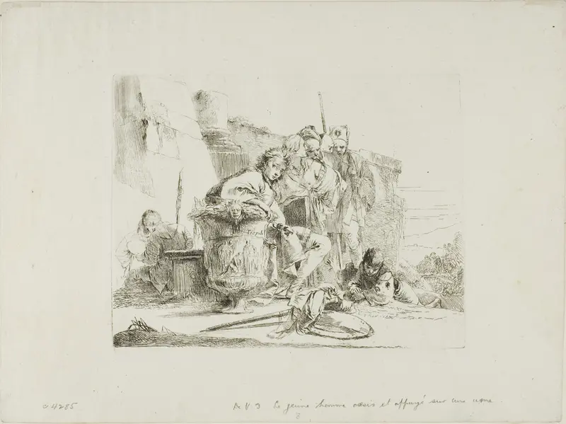 Seated Youth Leaning Against an Urn, from Capricci Wall Art by Giovanni Battista Tiepolo - High-Resolution Digital Print