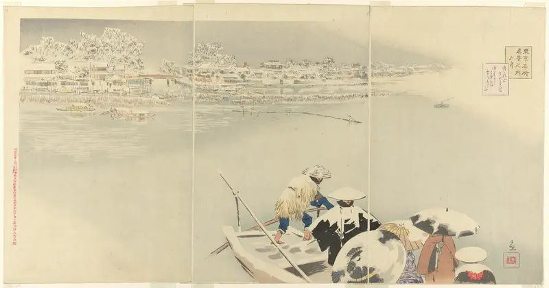 Second Month: Matsuchi Hill in Snow at Dusk (Kisaragi, Matsuchiyama yuki no tasogare), from the series "True Views of Famous Places in Tokyo (Tokyo meisho shinkei no uchi)"