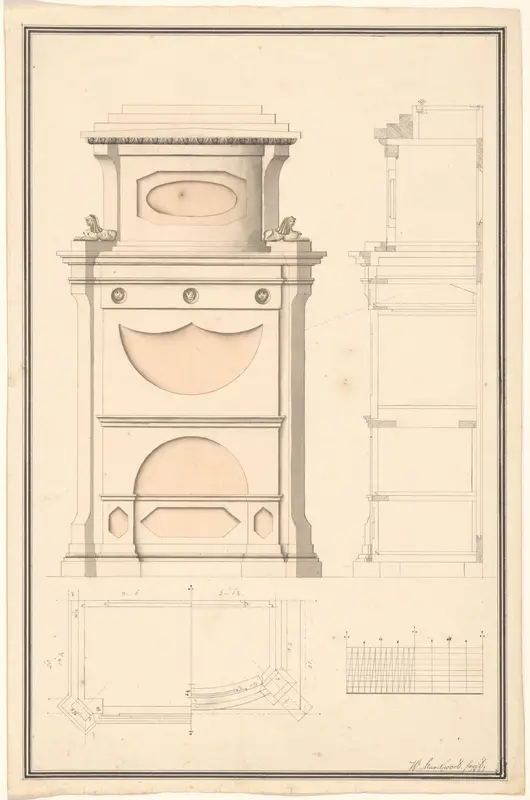Secretaire met twee sfinxen, voor- en zijaanzicht met een in tweeën gedeelde doorsnede Wall Art by Unknown - High-Resolution Digital Print