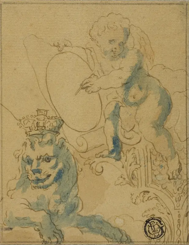 Section of Ceiling Decoration with Cupid with Scroll and Lion with Crown Wall Art by Unknown - High-Resolution Digital Print