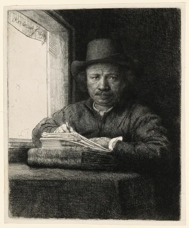 Self-Portrait Etching at a Window Wall Art by Rembrandt van Rijn - High-Resolution Digital Print