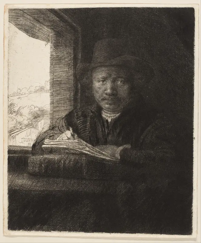 Self-Portrait Etching at a Window Wall Art by Rembrandt (Rembrandt van Rijn) - High-Resolution Digital Print