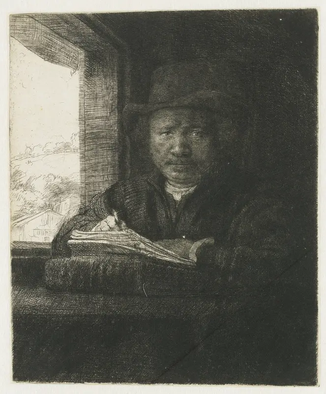 Self-portrait etching at a window Wall Art by Unknown - High-Resolution Digital Print