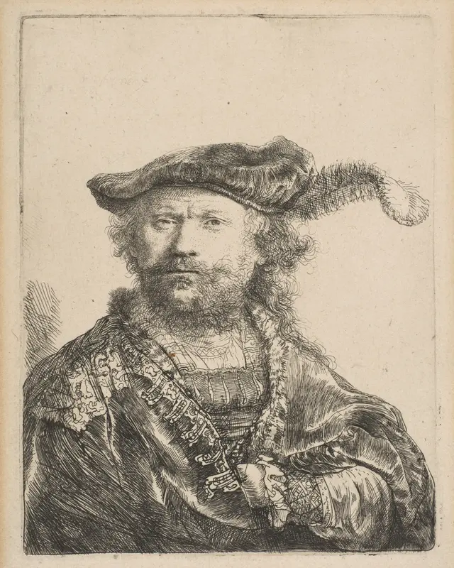 Self-Portrait in a Velvet Cap with Plume Wall Art by Rembrandt (Rembrandt van Rijn) - High-Resolution Digital Print