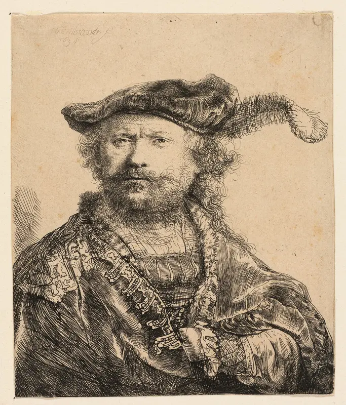 Self-Portrait in a Velvet Cap with Plume Wall Art by Rembrandt van Rijn - High-Resolution Digital Print