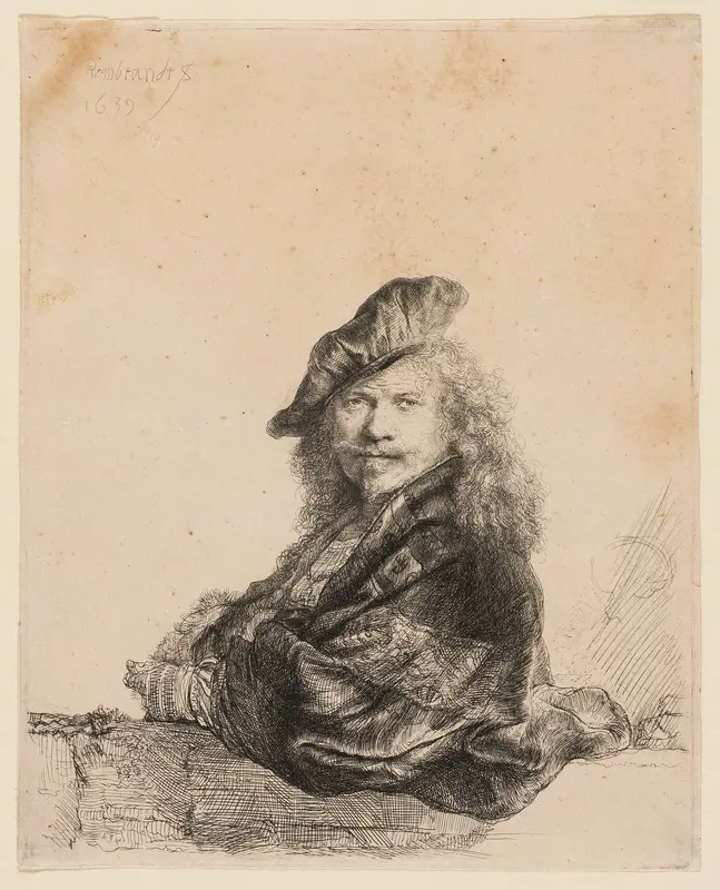 Self-Portrait Leaning on a Stone Sill Wall Art by Rembrandt van Rijn - High-Resolution Digital Print