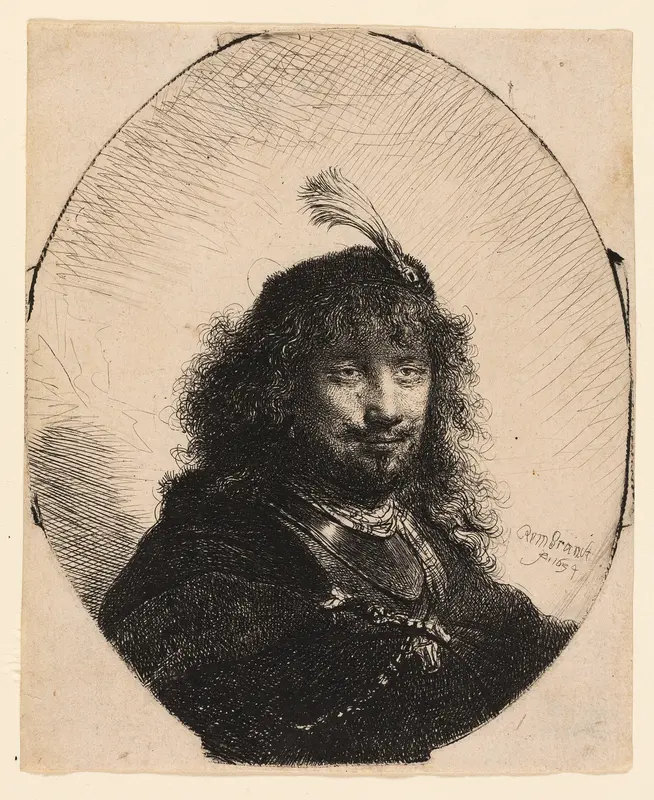 Self-Portrait (?) with Plumed Cap and Lowered Sabre Wall Art by Rembrandt van Rijn - High-Resolution Digital Print