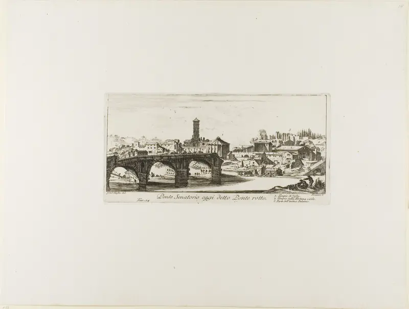 Senatorial Bridge, Today called the Ponte Rotto [Broken Bridge]. 1. Temple of Vesta. 2. Temple of Fortuna Virilis. 3. Part of the ancient Palatine, plate 14 from Some Views of Triumphal Arches and other Monuments Wall Art by Giovanni Battista Piranesi - High-Resolution Digital Print