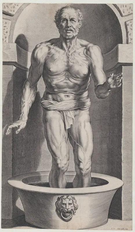 Seneca at the bath, standing in a niche with his feet in a basin Wall Art by Cornelis Galle I - High-Resolution Digital Print