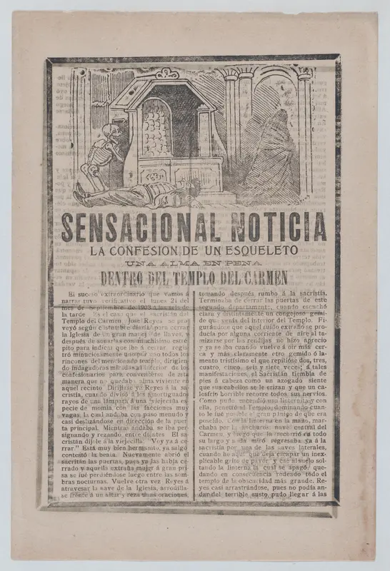 Sensational story about the sighting of a skeleton inside a holy temple, a man lying on the floor while a skeleton returns to a chamber and a cloaked figure exits to the right Wall Art by José Guadalupe Posada - High-Resolution Digital Print