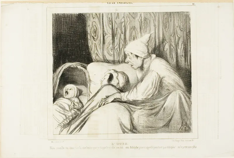 Sense of Hearing. “- Wake up Nini!.... I have been calling her for more than an hour, and she always replies: yes Adolphe. But neither the child's name nor mine is Adolphe!,” plate 41 from Types Parisiens