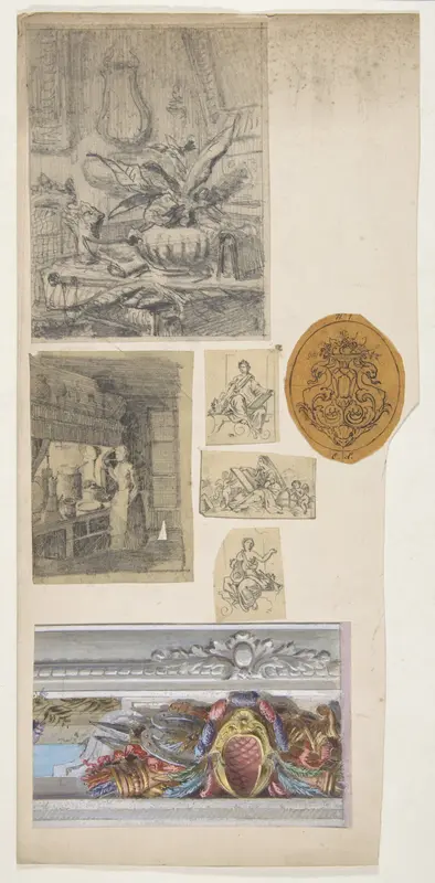 Seven drawings,including four decorative motifs and two scenes of interiors Wall Art by Jules-Edmond-Charles Lachaise - High-Resolution Digital Print