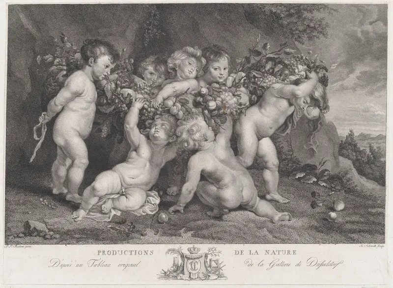 Seven putti carrying a garland of fruit Wall Art by Heinrich Schmitz - High-Resolution Digital Print