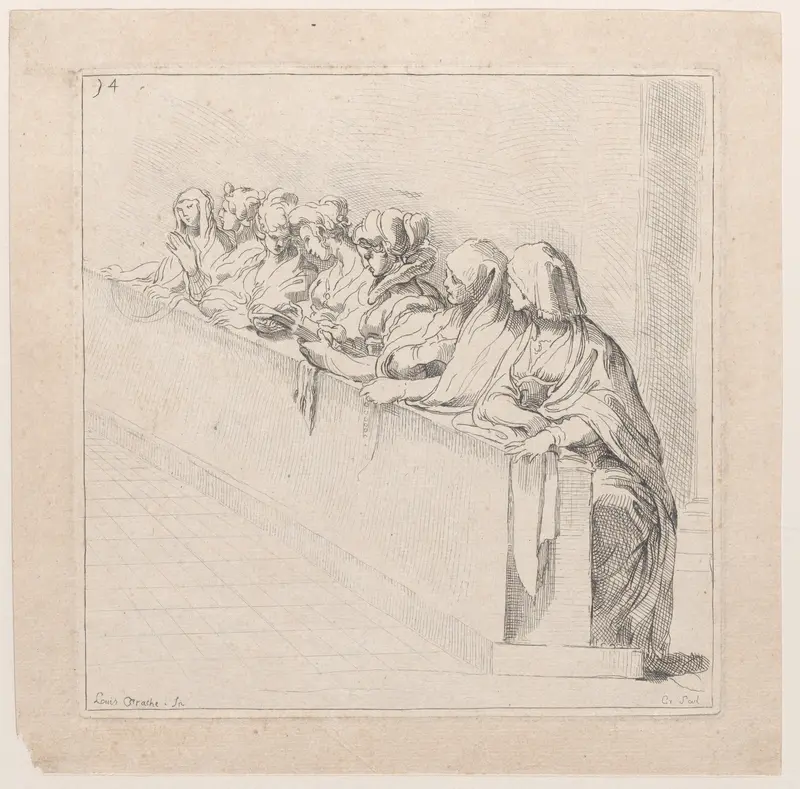 Seven Women Seated Behind a Low Wall Wall Art by Anne Claude Philippe de Tubières, comte de Caylus - High-Resolution Digital Print