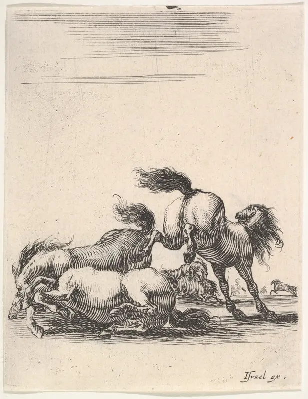 Several horses fighting, one horse to right kicking two horses on the ground below to left, other horses fighting in the background, from "Various cavalry exercises" (Diverses exercices de cavalerie) Wall Art by Stefano della Bella - High-Resolution Digital Print