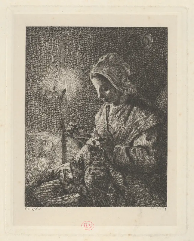 Sewing by Lamplight Wall Art by Jean-François Millet - High-Resolution Digital Print