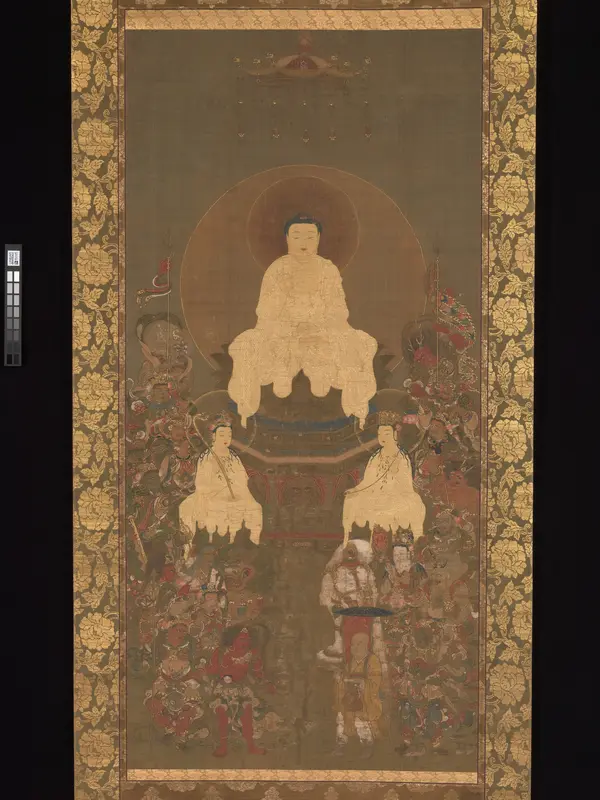 Shaka (Shakyamuni), the Historical Buddha, with Two Attendant Bodhisattvas and Sixteen Benevolent Deities