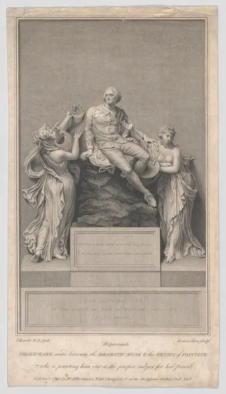 Shakespeare Seated Between the Dramatic Muse and the Genius of Painting, from "Boydell's Shakespeare Gallery" Wall Art by James Stow - High-Resolution Digital Print