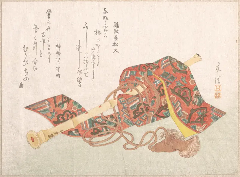 Shakuhachi (A Kind of Bamboo Flute) and Its Cover Wall Art by Sunayama Gosei - High-Resolution Digital Print