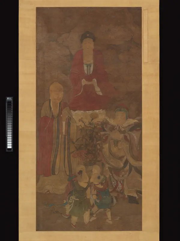 Shakyamuni with luohan, heavenly king, and boys