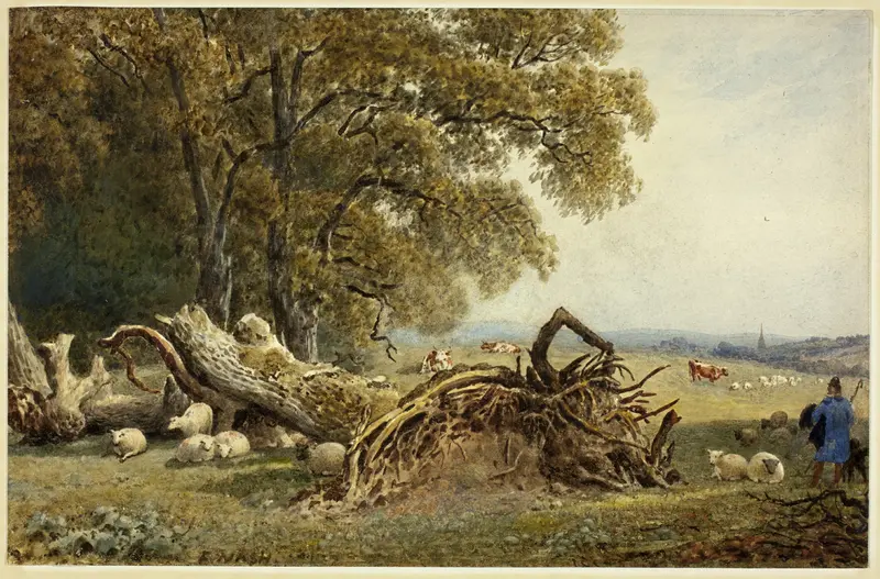Sheep, Cows, and Herdsman by Uprooted Tree Wall Art by Frederick Nash - High-Resolution Digital Print