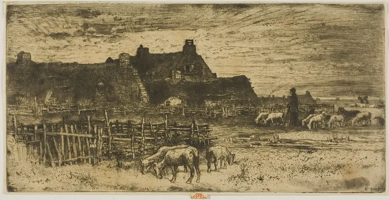 Sheepfold at Sunset Wall Art by Félix Hilaire Buhot - High-Resolution Digital Print