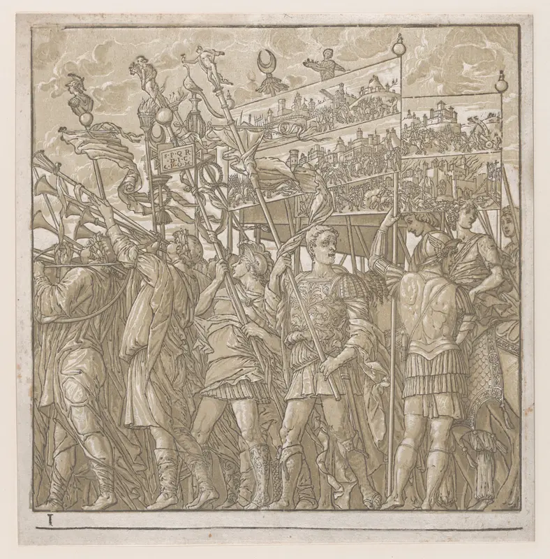 Sheet 1: Soldiers carrying banners depicting Julius Caesar's triumphant military exploits, from "The Triumph of Julius Caesar" Wall Art by Andrea Andreani - High-Resolution Digital Print
