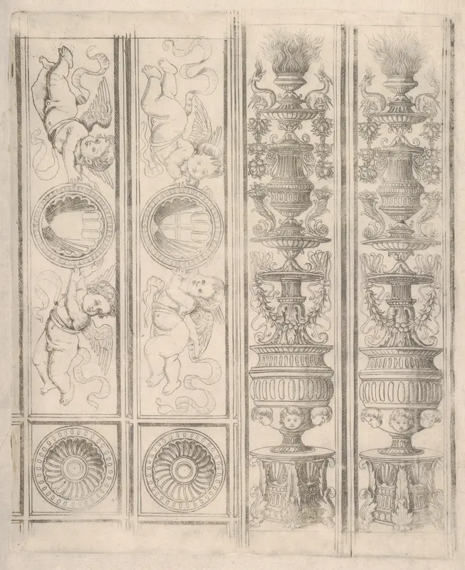 Sheet of border segments: two candelabra and two horizontal pieces with putti, two corners, from Life of the Virgin and Christ Wall Art by Francesco Rosselli - High-Resolution Digital Print