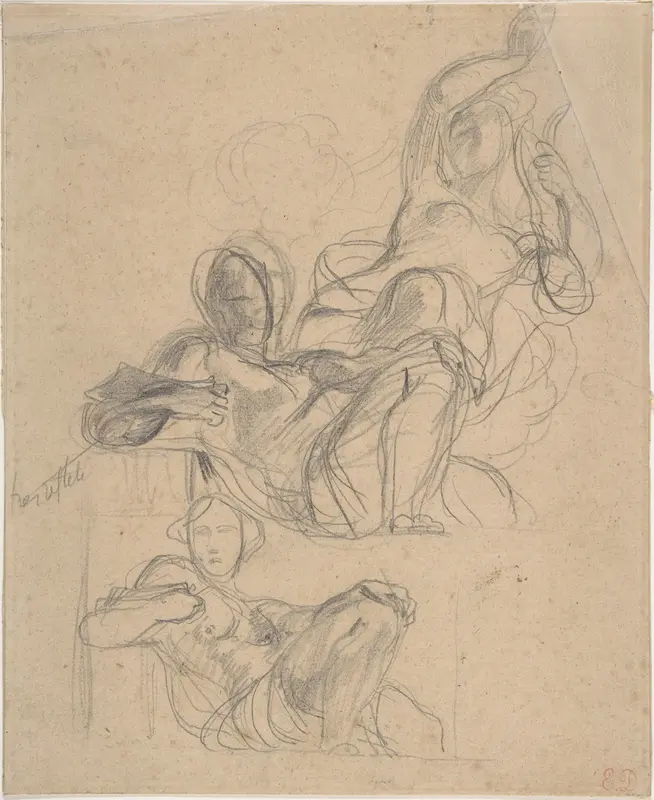 Sheet of figure studies: two studies of a reclining figure, and a seated figure holding a lyre (?) Wall Art by Eugène Delacroix - High-Resolution Digital Print