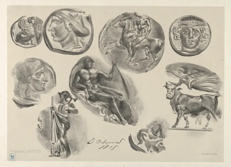 Sheet of Nine Antique Coins Wall Art by Eugène Delacroix - High-Resolution Digital Print
