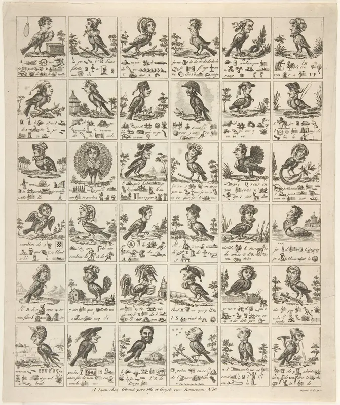 Sheet of Rebuses with Birds with Human Heads Wall Art by Anonymous, French, 19th century - High-Resolution Digital Print