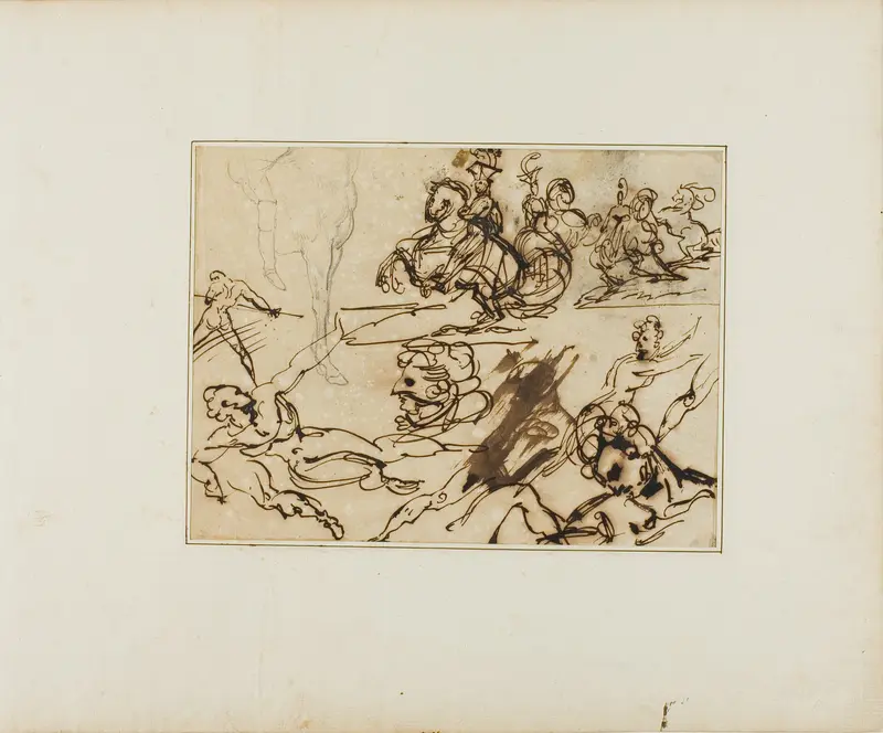 Sheet of Sketches: Lancers, Struggling Nudes, Other Subjects